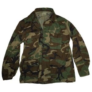 Vintage US Military Woodland Camo Field Jacket BDU Large Long 4 Pocket Mens Coat